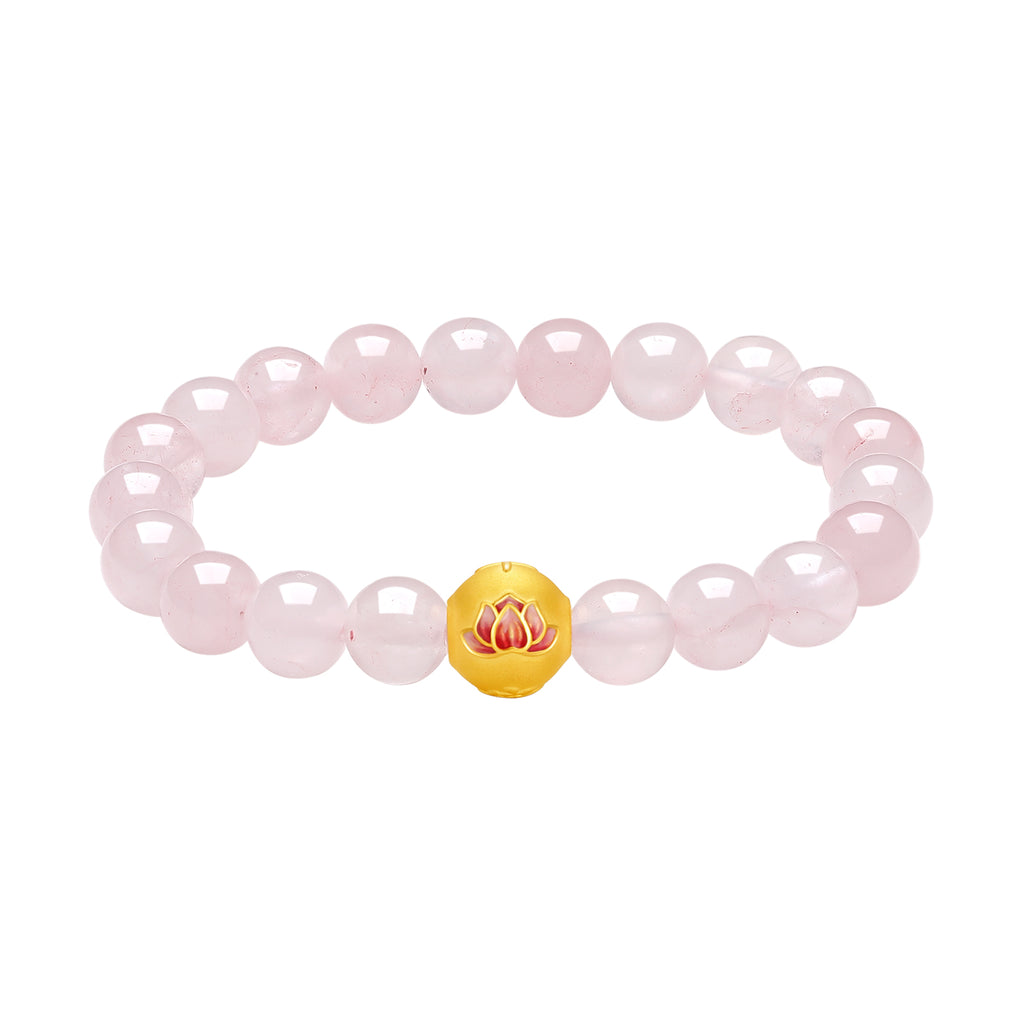 "Jiuhua Mountain" 24K Gold Beaded Bracelet Rose Quartz Lotus Flower A1914704