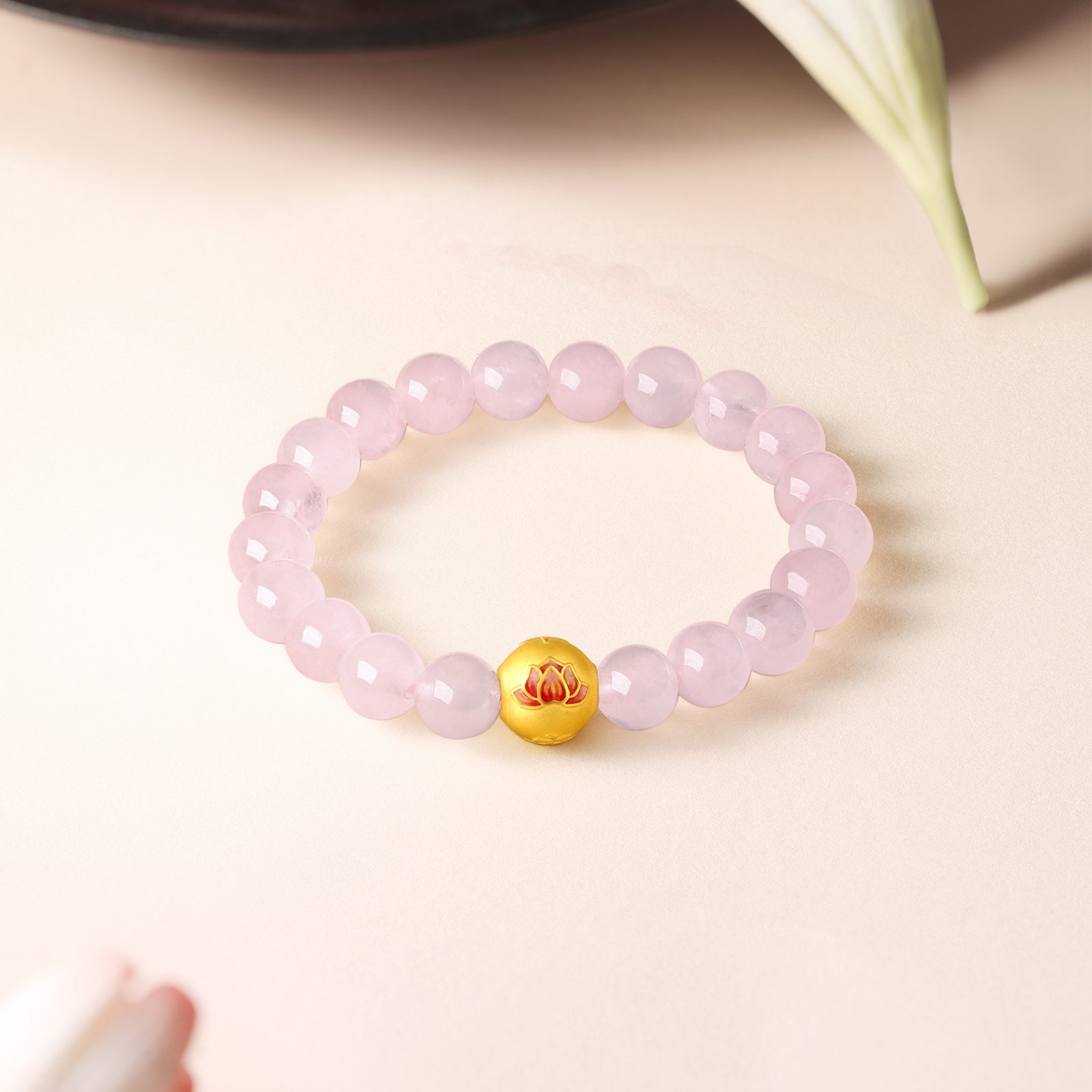Jiuhua Mountain' 24K Gold Beaded Bracelet Rose Quartz Lotus Flower A1914704