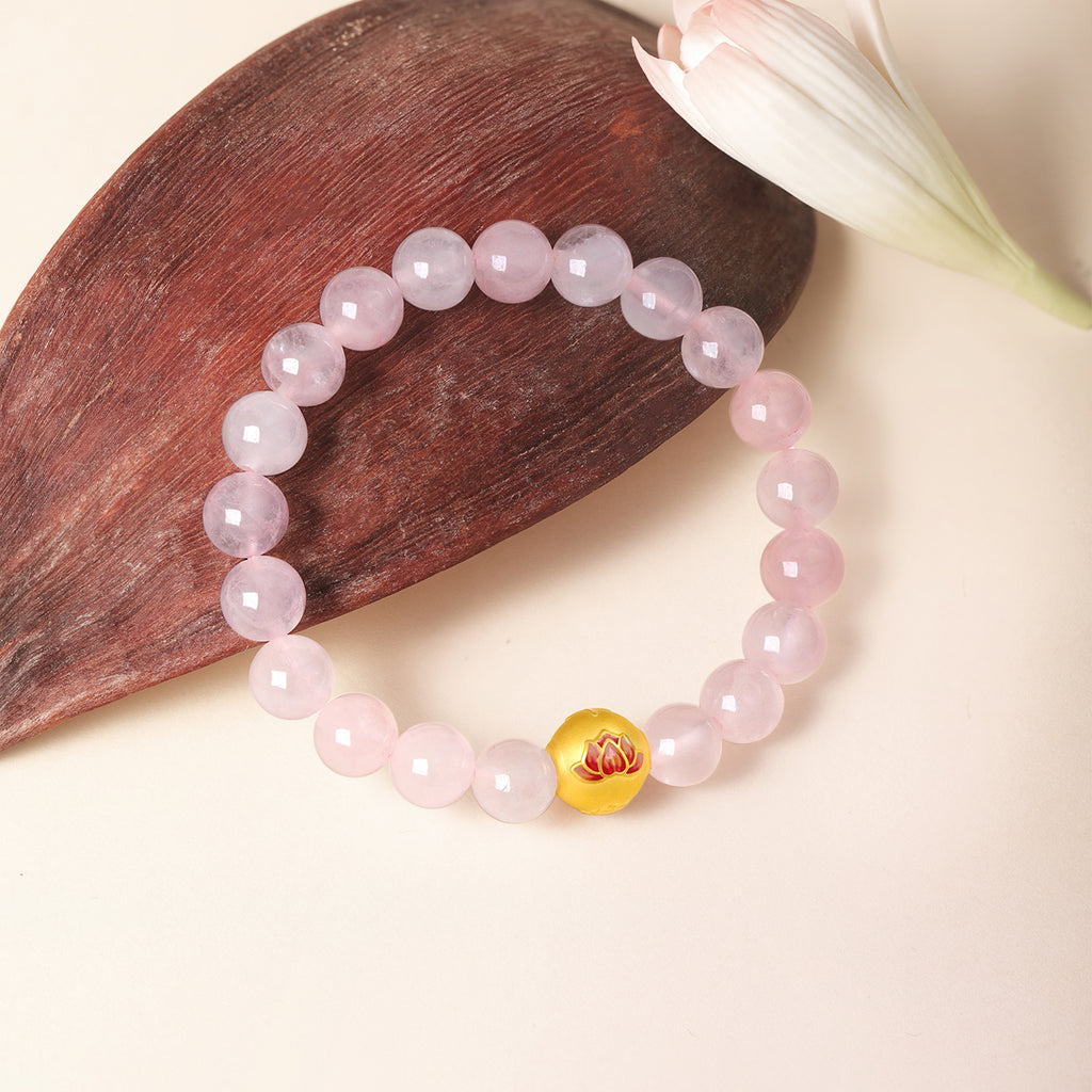 "Jiuhua Mountain" 24K Gold Beaded Bracelet Rose Quartz Lotus Flower A1914704