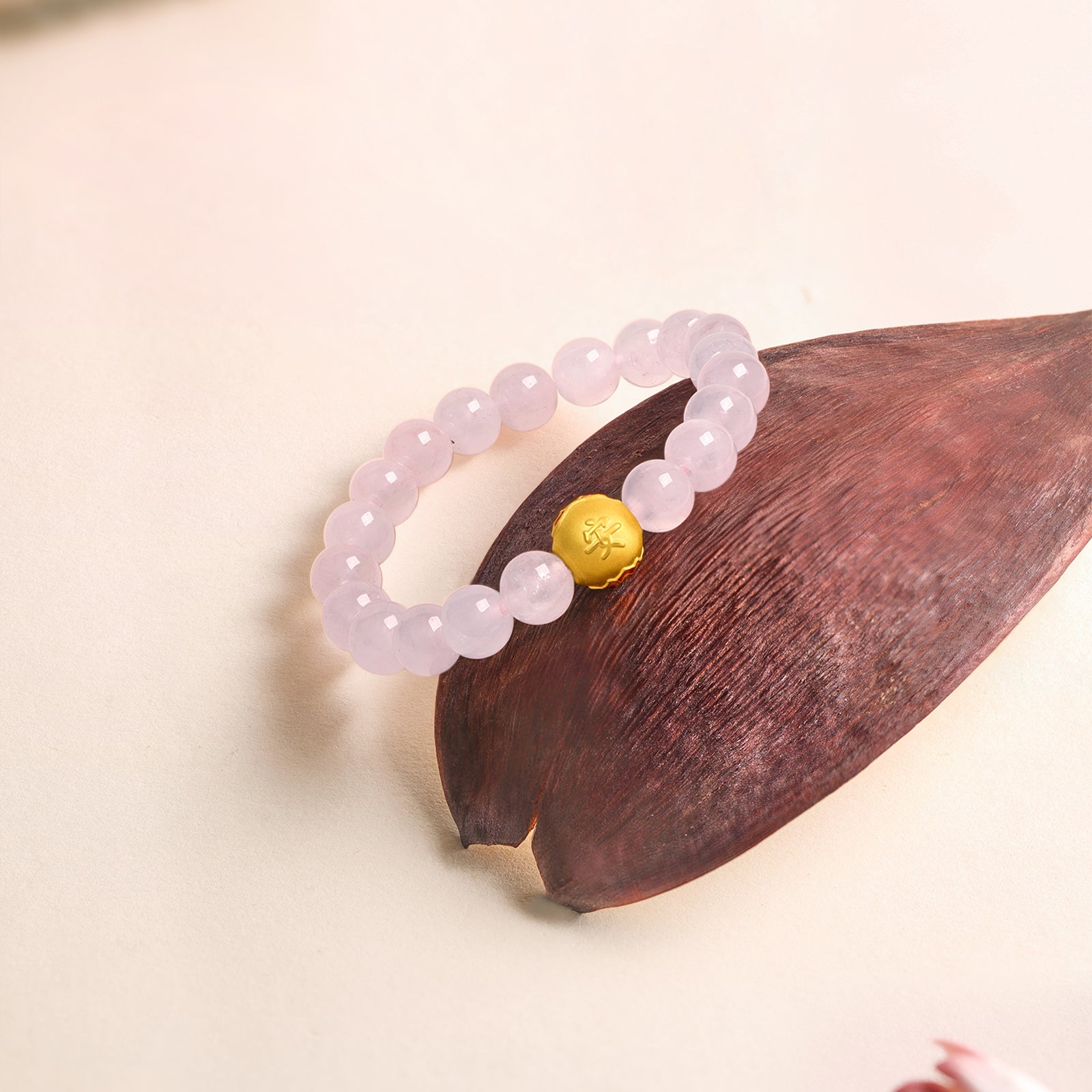 "Jiuhua Mountain" 24K Gold Beaded Bracelet Rose Quartz Lotus Flower A1914704