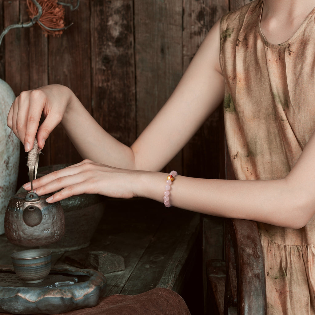 "Jiuhua Mountain" 24K Gold Beaded Bracelet Rose Quartz Lotus Flower A1914704