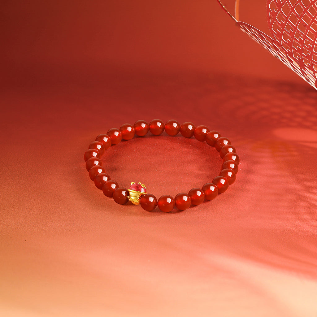 "Chinese Zodiac Snake" 24K Gold Beaded Bracelet Agate Snake 0.3-0.6g A1914865