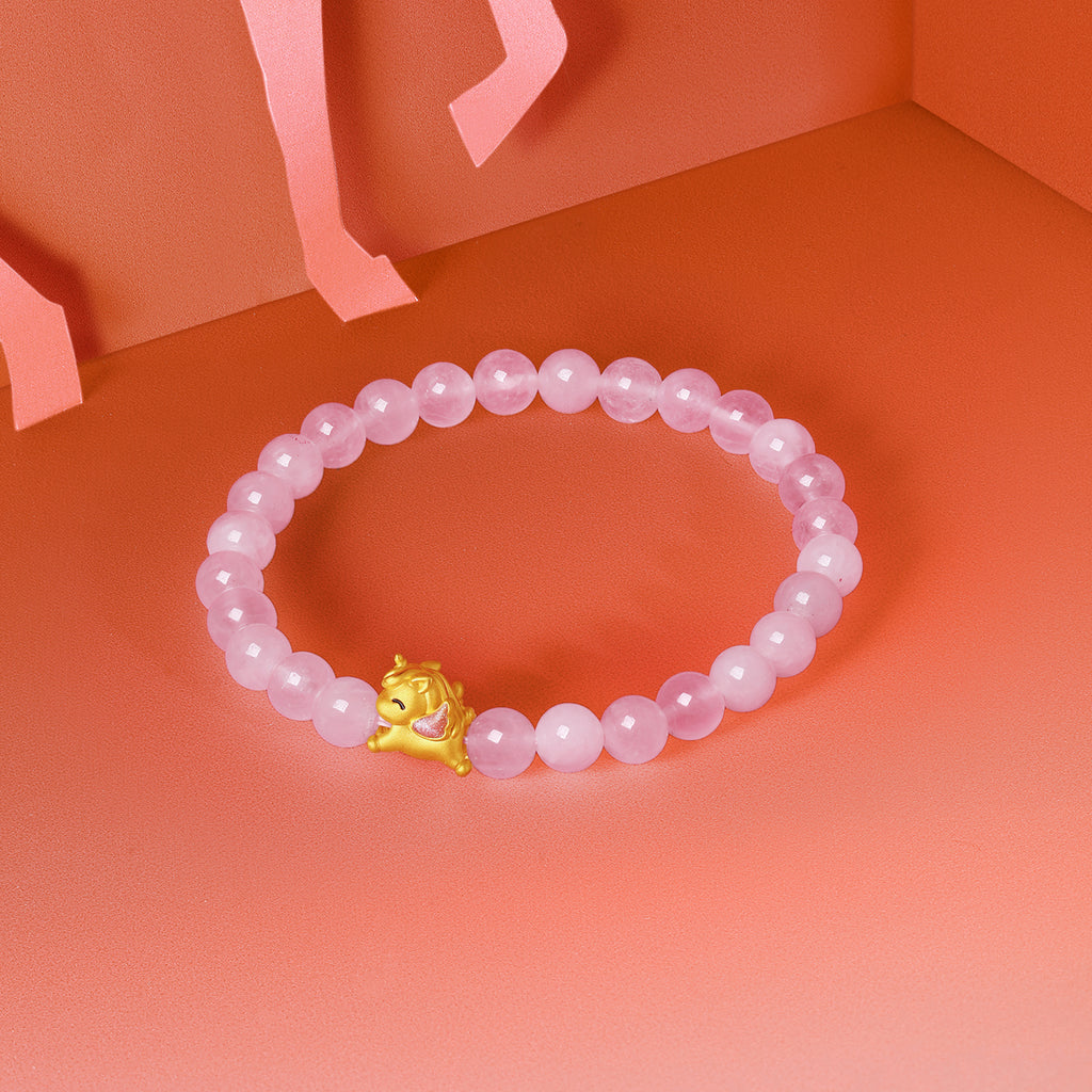 'Year of the Horse' 24K Gold Beaded Bracelet Rose Quartz Horse 0.35-0.55g 17cm A1915749