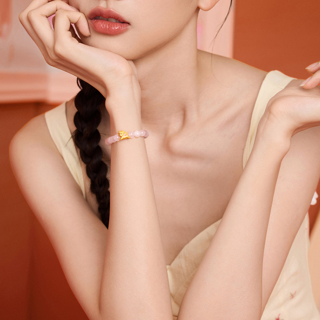 'Year of the Horse' 24K Gold Beaded Bracelet Rose Quartz Horse 0.35-0.55g 17cm A1915749