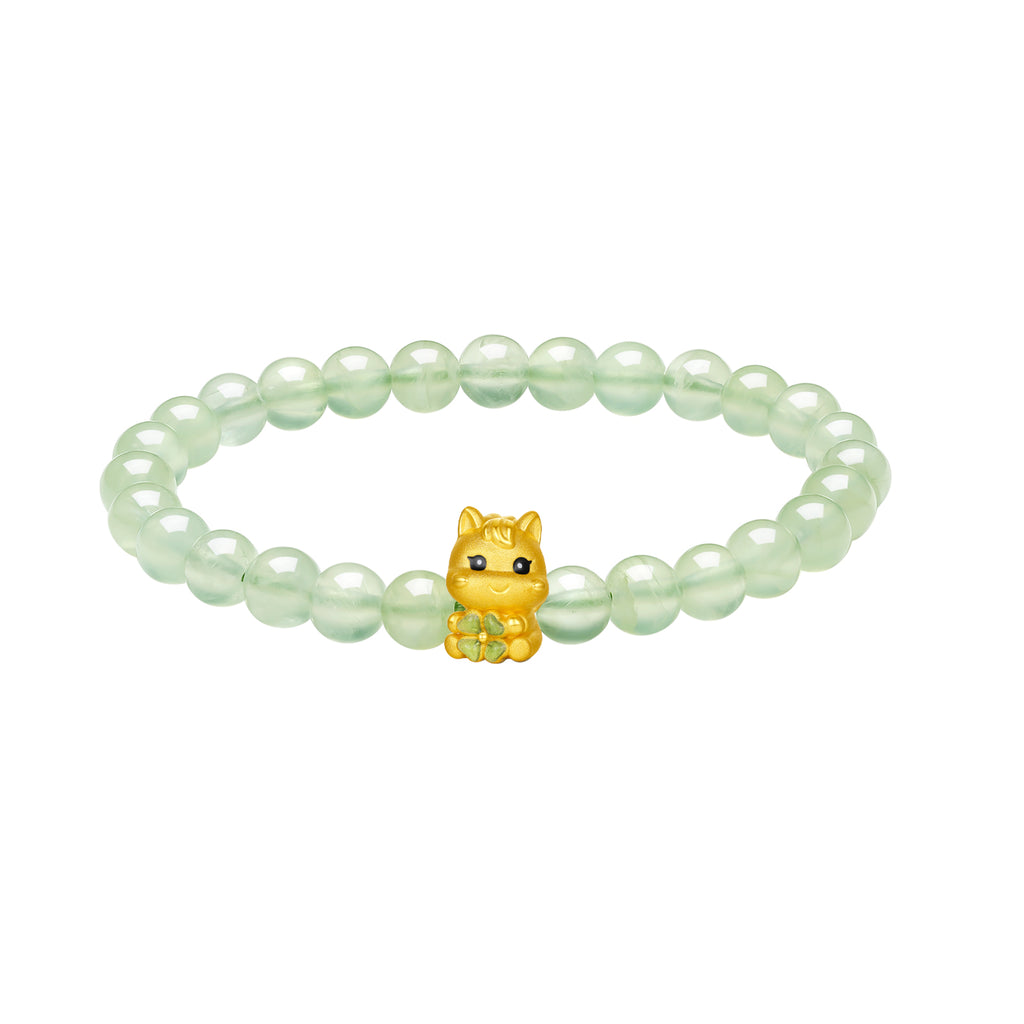 「馬年」24K金珠手鍊，鑲嵌葡萄石馬形三葉草，重0.7-1克，長17厘米，貨號A1916023