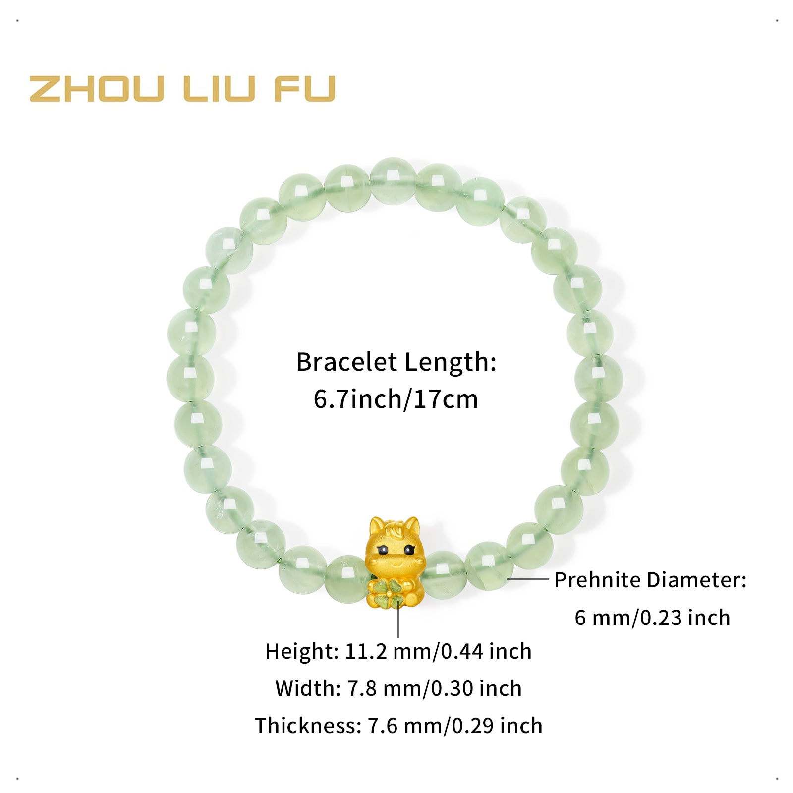'Year of the Horse'  24K Gold Beaded Bracelet Prehnite Horse Clover 0.7-1g 17cm A1916023