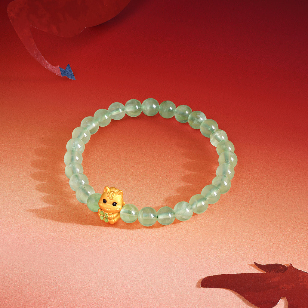 「馬年」24K金珠手鍊，鑲嵌葡萄石馬形三葉草，重0.7-1克，長17厘米，貨號A1916023