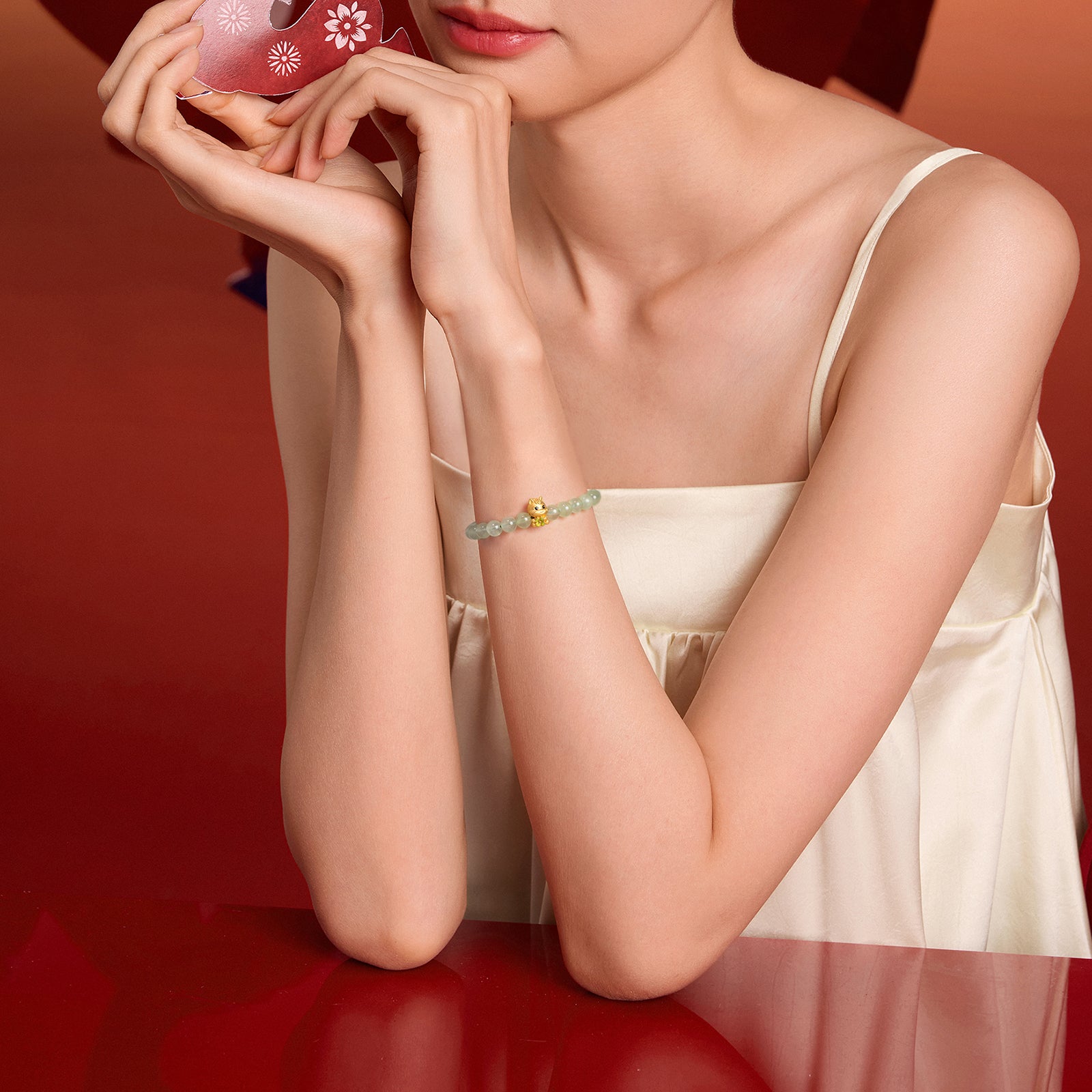 'Year of the Horse'  24K Gold Beaded Bracelet Prehnite Horse Clover 0.7-1g 17cm A1916023