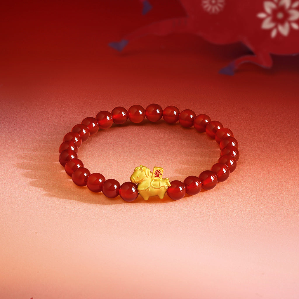 「馬年」24K金珠手鍊，瑪瑙馬圖案，寓意財富，0.7-1克，17厘米，A1916284
