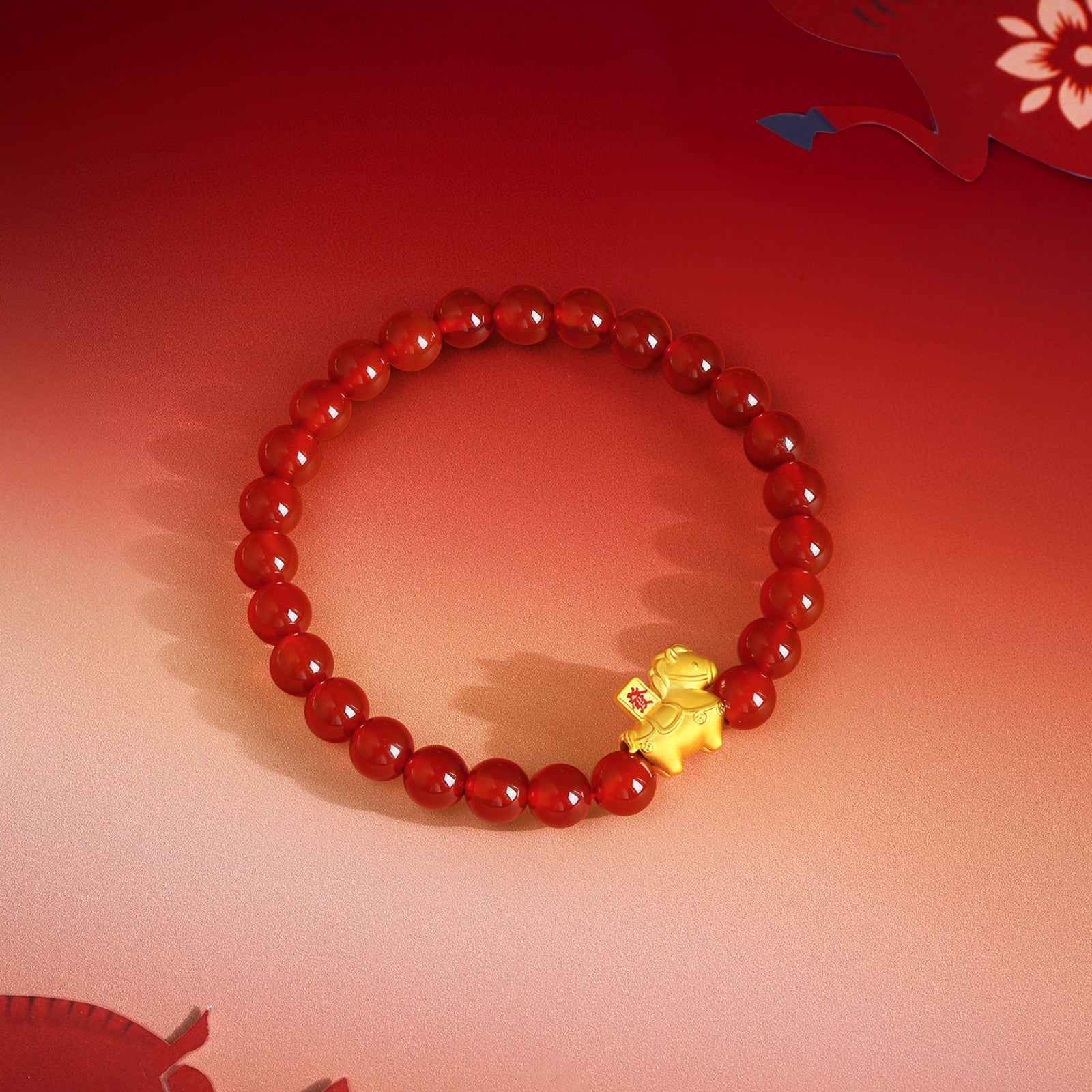 「馬年」24K金珠手鍊，瑪瑙馬圖案，寓意財富，0.7-1克，17厘米，A1916284