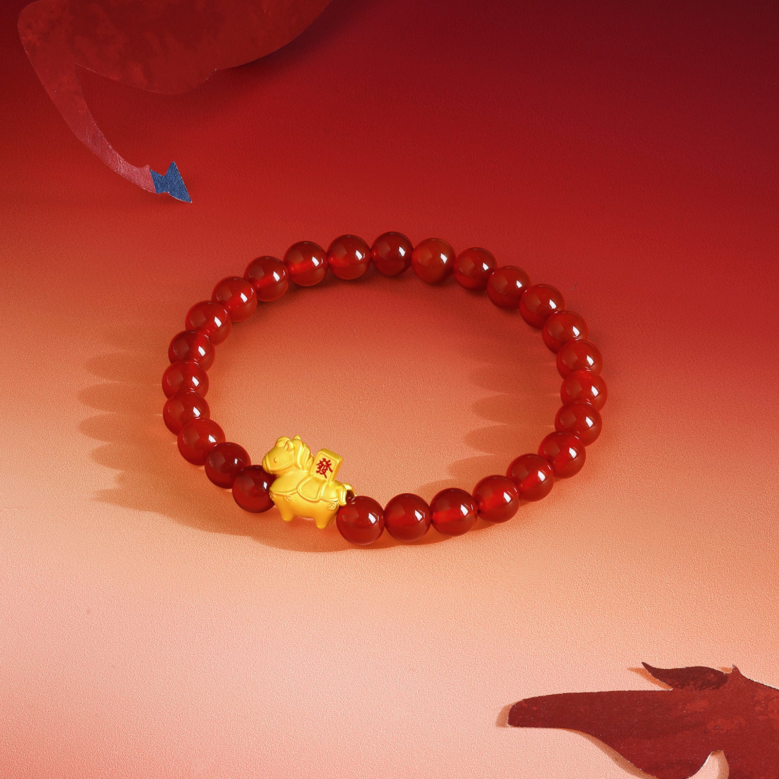 「馬年」24K金珠手鍊，瑪瑙馬圖案，寓意財富，0.7-1克，17厘米，A1916284
