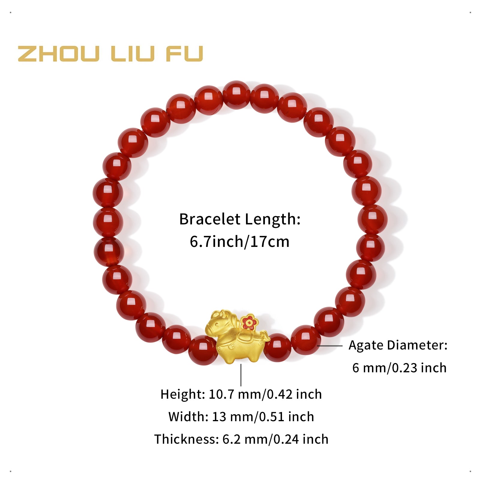 'Year of the Horse' 24K Gold Beaded Bracelet Agate Horse Flower 0.7-1g 17cm A1916285