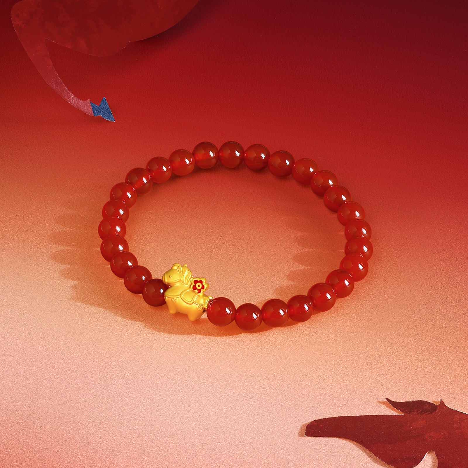 'Year of the Horse' 24K Gold Beaded Bracelet Agate Horse Flower 0.7-1g 17cm A1916285