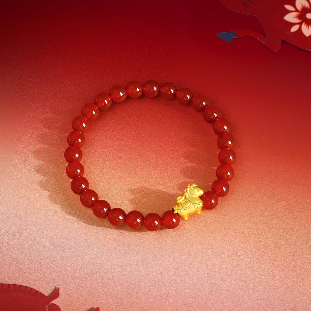 'Year of the Horse' 24K Gold Beaded Bracelet Agate Horse Yuanbao 0.7-1g 17cm A1916286