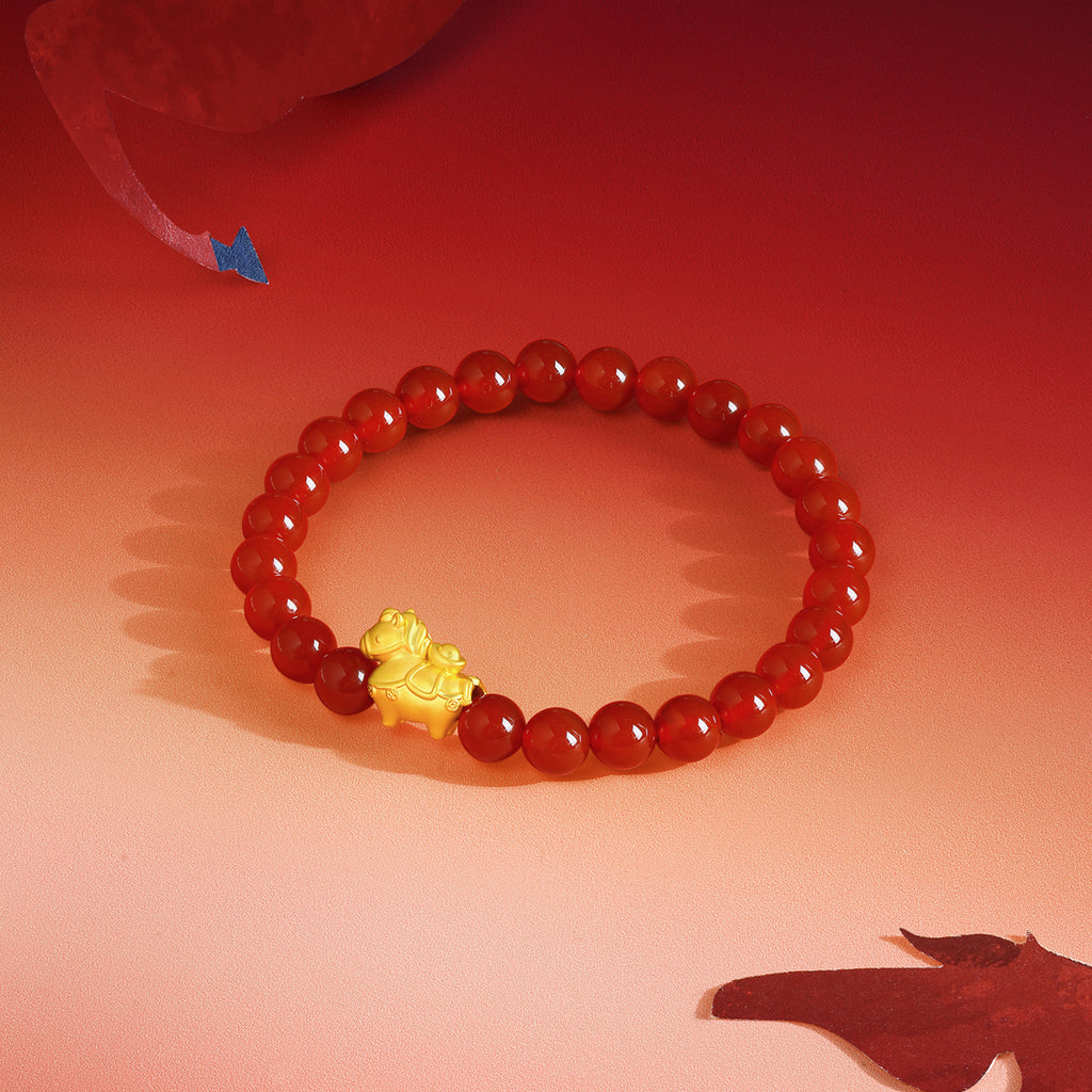 'Year of the Horse' 24K Gold Beaded Bracelet Agate Horse Yuanbao 0.7-1g 17cm A1916286