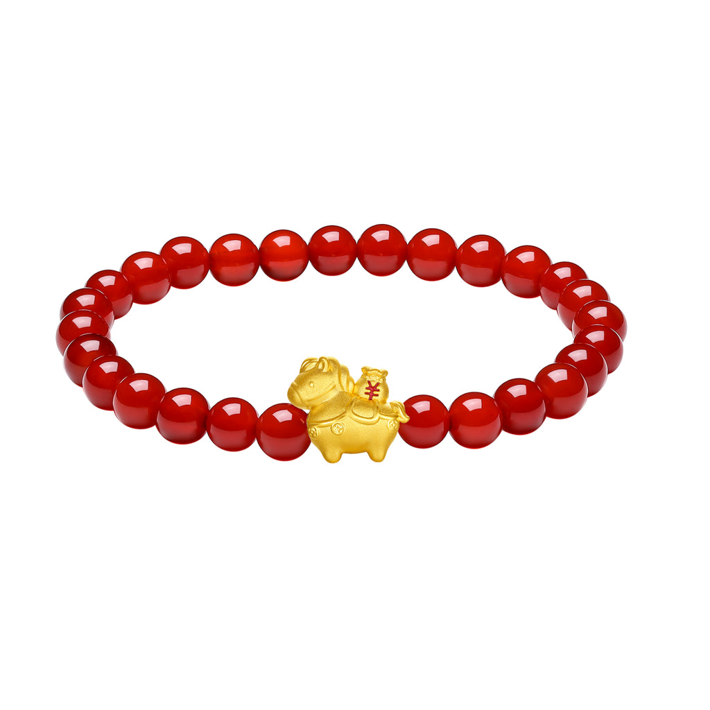 'Year of the Horse' 24K Gold Beaded Bracelet Agate Horse Wealth 0.7-1g 17cm A1916287