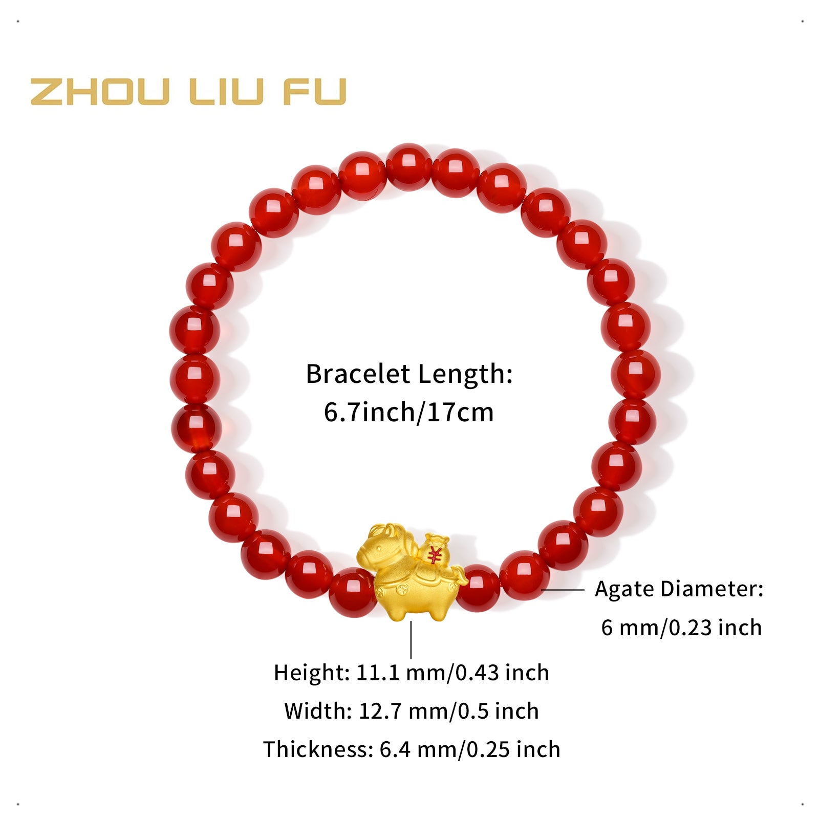 'Year of the Horse' 24K Gold Beaded Bracelet Agate Horse Wealth 0.7-1g 17cm A1916287