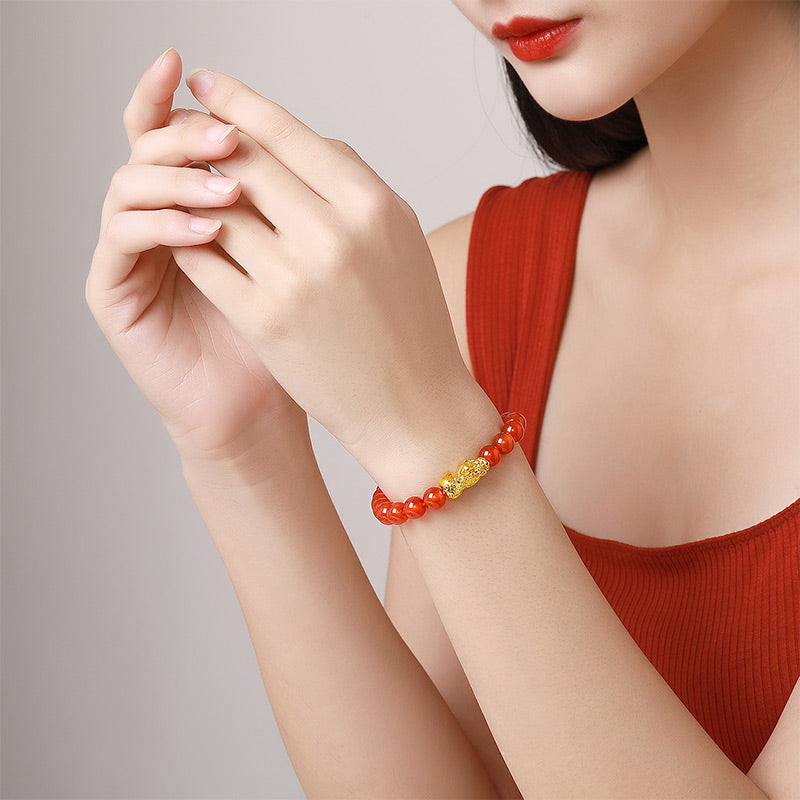 24K Gold Beaded Bracelet Agate Pixiu 0.9-1.2g AEMN195631