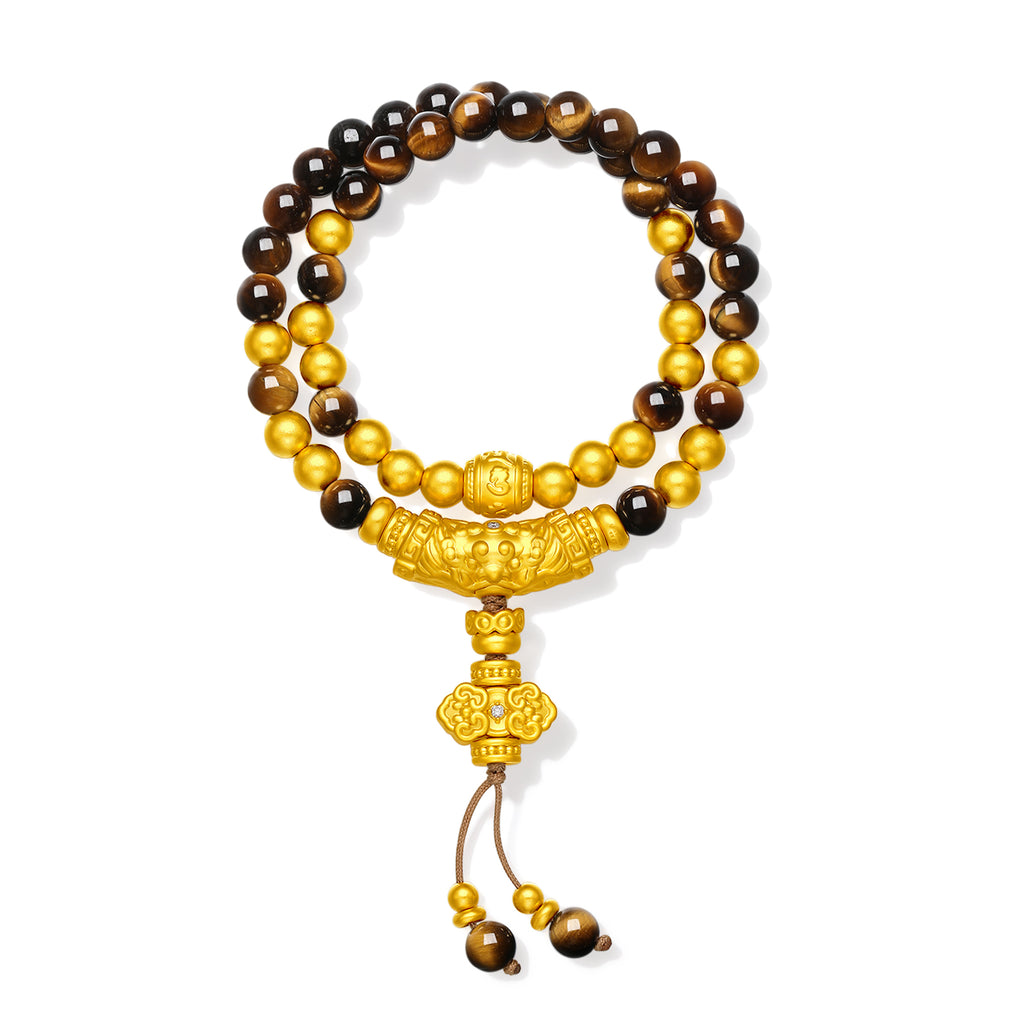 "Jiuhua Mountain" 24K Gold String Bracelet Wood Transformation Stone Engraved Ruyi Tassel 6-6.5mm 35cm A1936212