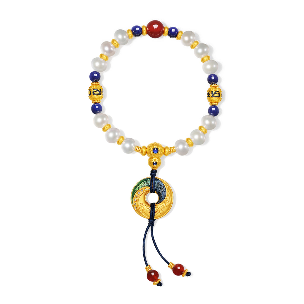 "Chinese Culture Collection - Dan Qing" 999 24K Gold Beaded Bracelet Freshwater Pearl 6-7mm Diamond 0.0015ct Lazurite 7.8-8.3mm Gourd 6.5-9.5g X1950044