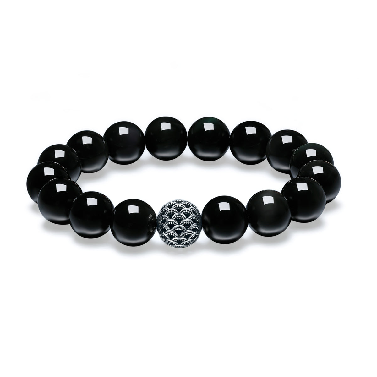 ZHOU LIU FU 13mm Chunky Black Obsidian Beaded Stretch Bracelet for Men, 925 Sterling Silver Fish-Scale Bead Feng Shui Jewelry for Good Luck 7.9in J19116857