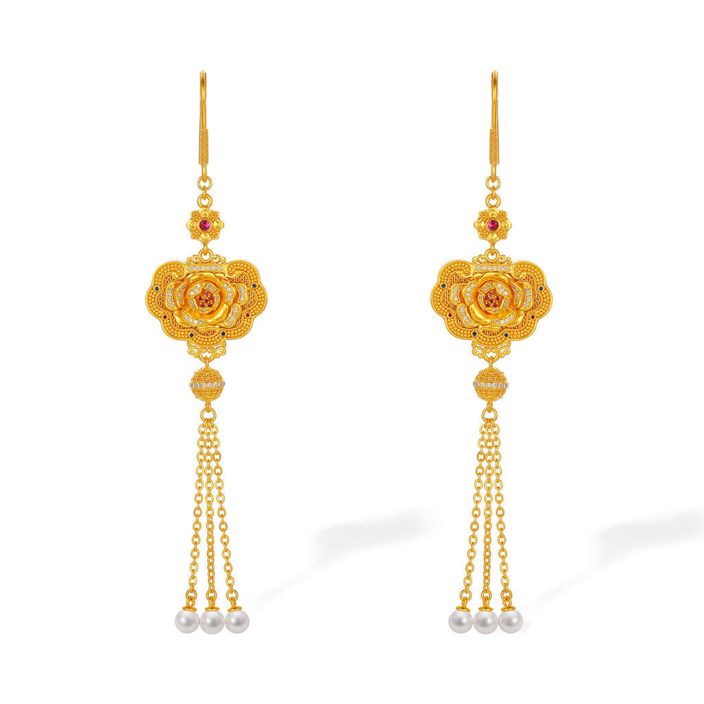 "Chinese Culture Collection - Dan Qing" 999 24K Gold Earrings Diamond 0.0024ct Ruby 0.0089ct Aquamarine 3.8-4.3mm Ruyi 25-31g W0950046