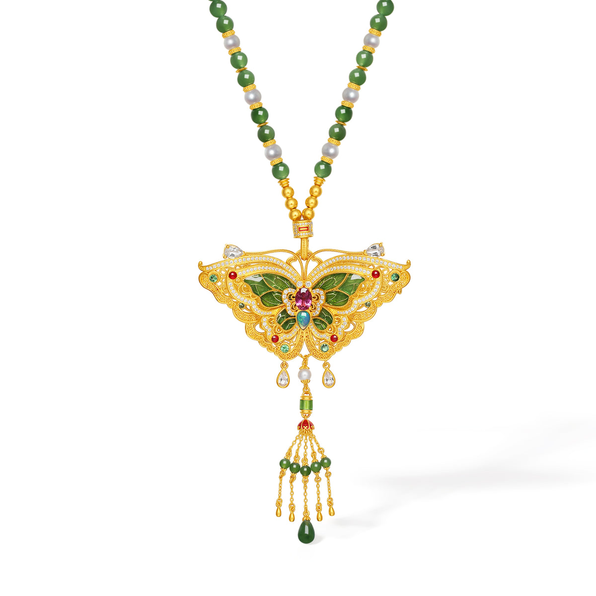 "Chinese Culture Collection - Dan Qing" 999 24K Gold Pendant Necklace String Bracelet Hetian Jade 3-7-7.5*4.5-5mm Diamond 0.0042ct Tourmaline 0.334-0.390ct Butterfly 50-56g Y0650040