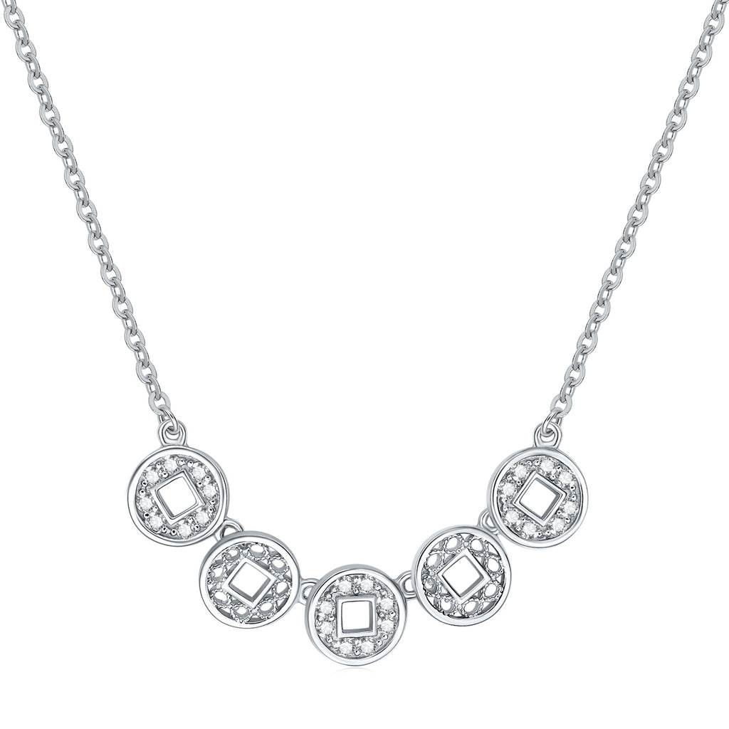 ZHOU LIU FU 925 Sterling Silver Smile Necklace for Women with Cubic Zirconia, Chinese Coin Shaped Charms Birthday Gift for Wife