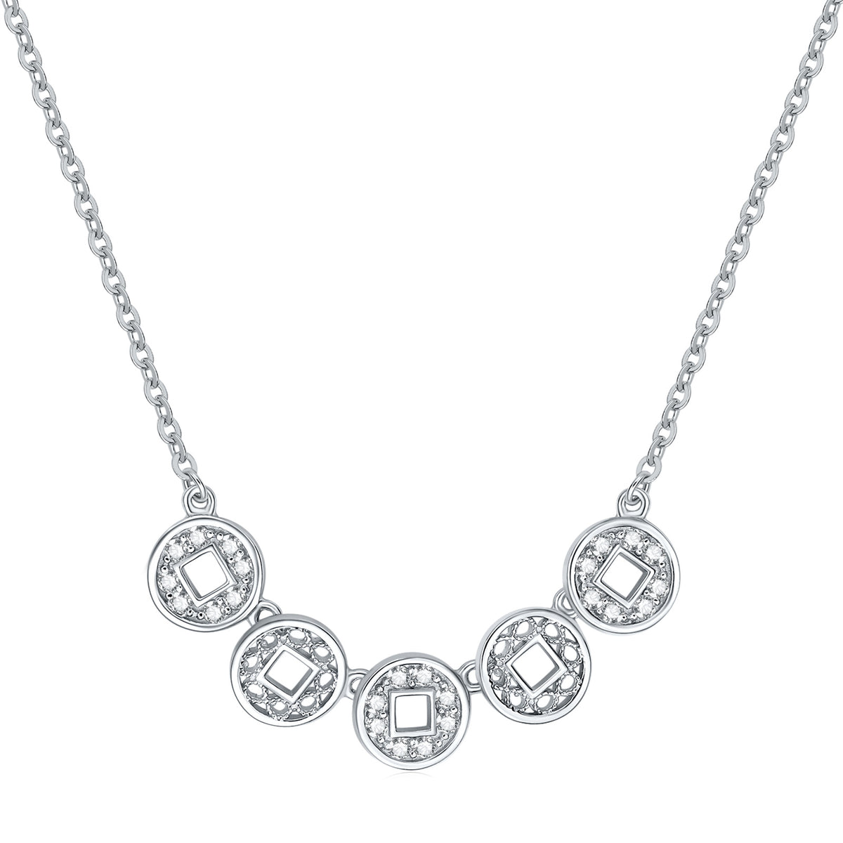 ZHOU LIU FU 925 Sterling Silver Smile Necklace for Women with Cubic Zirconia, Chinese Coin Shaped Charms Birthday Gift for Wife
