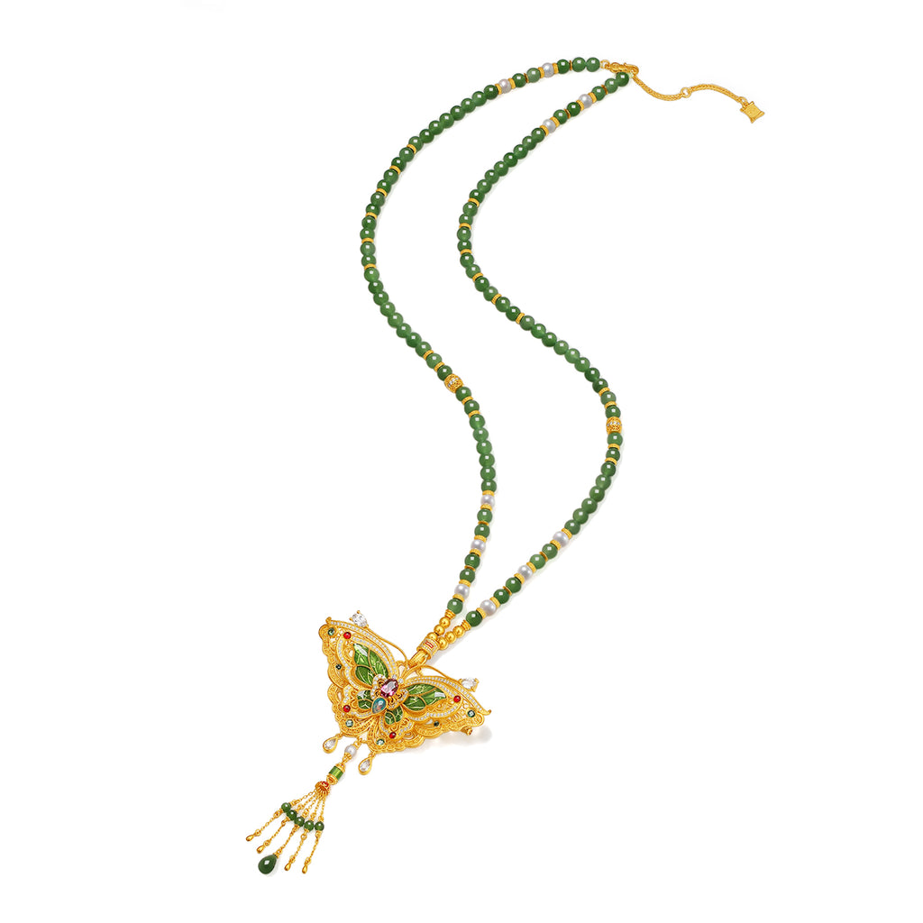 "Chinese Culture Collection - Dan Qing" 999 24K Gold Pendant Necklace String Bracelet Hetian Jade 3-7-7.5*4.5-5mm Diamond 0.0042ct Tourmaline 0.334-0.390ct Butterfly 50-56g Y0650040