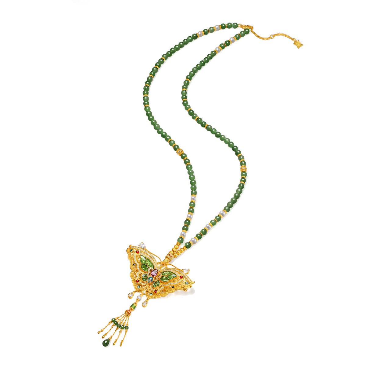 "Chinese Culture Collection - Dan Qing" 999 24K Gold Pendant Necklace String Bracelet Hetian Jade 3-7-7.5*4.5-5mm Diamond 0.0042ct Tourmaline 0.334-0.390ct Butterfly 50-56g Y0650040