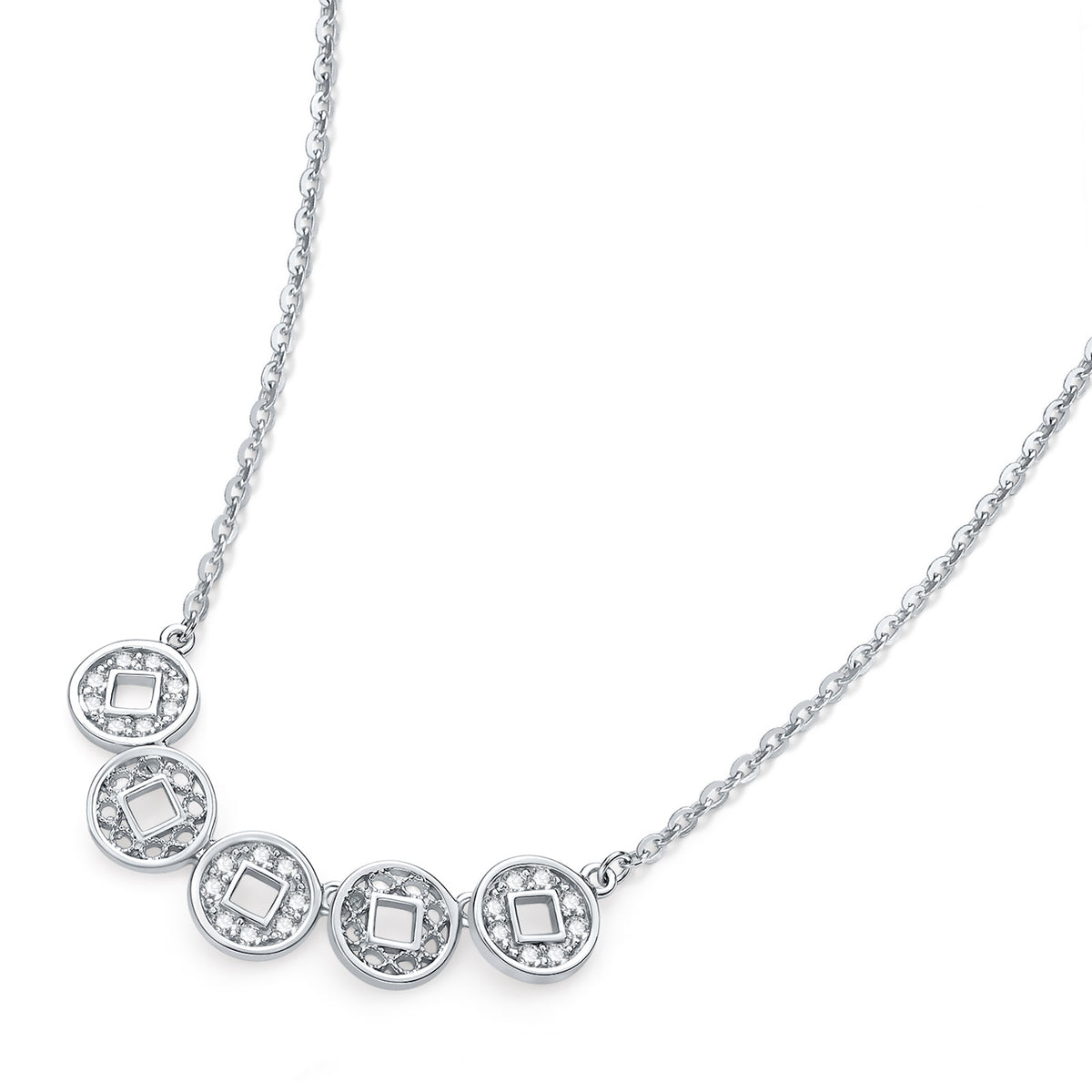 ZHOU LIU FU 925 Sterling Silver Smile Necklace for Women with Cubic Zirconia, Chinese Coin Shaped Charms Birthday Gift for Wife