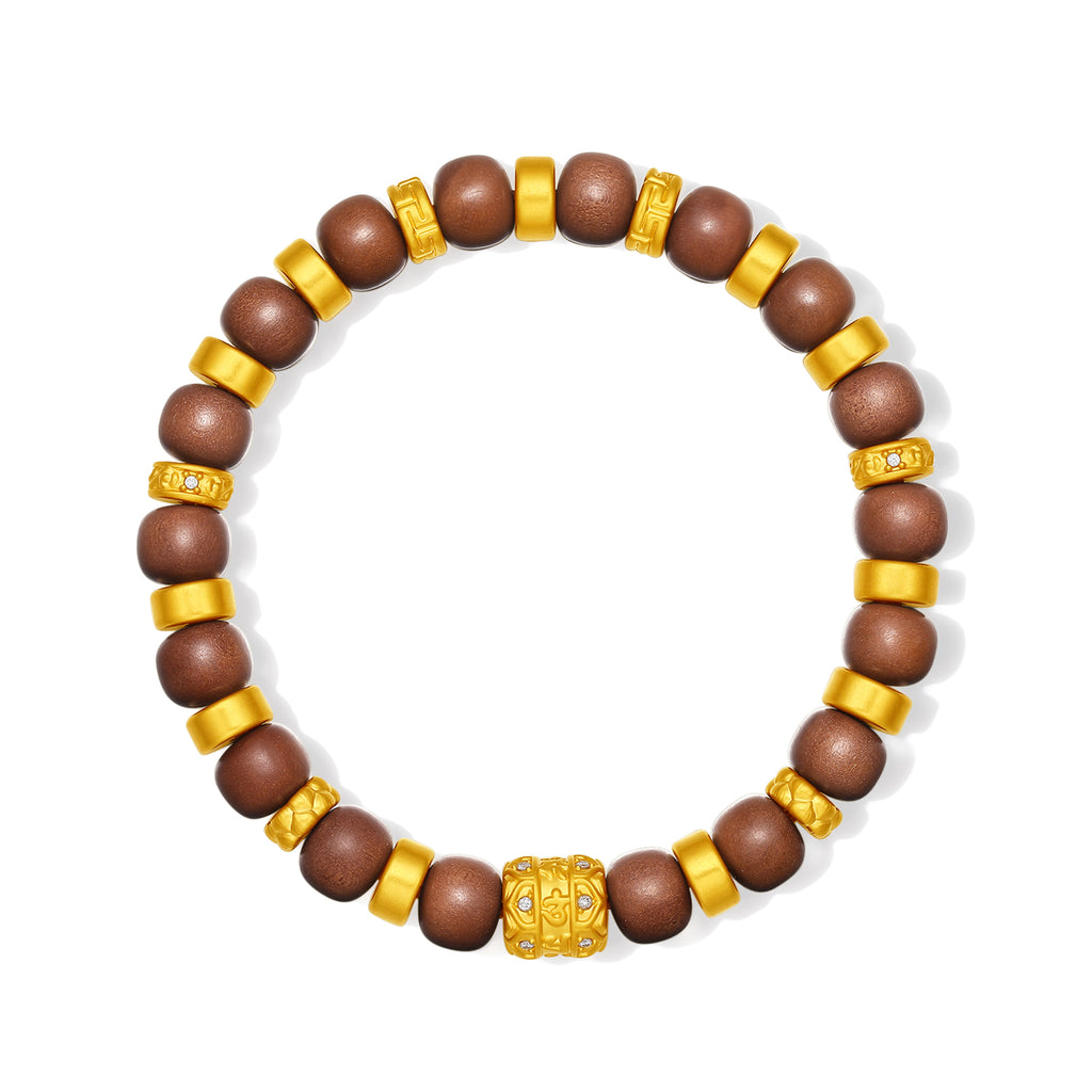 "Jiuhua Mountain" 24K Gold Sandalwood Beaded Bracelet Diamond Floral Charm W1935450