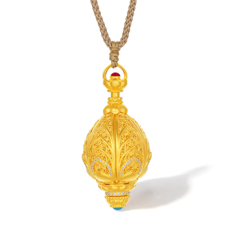 "Jiuhua Mountain" 24K Gold Diamond Filigree Openable Vase Pendant 0.0023ct W0440428