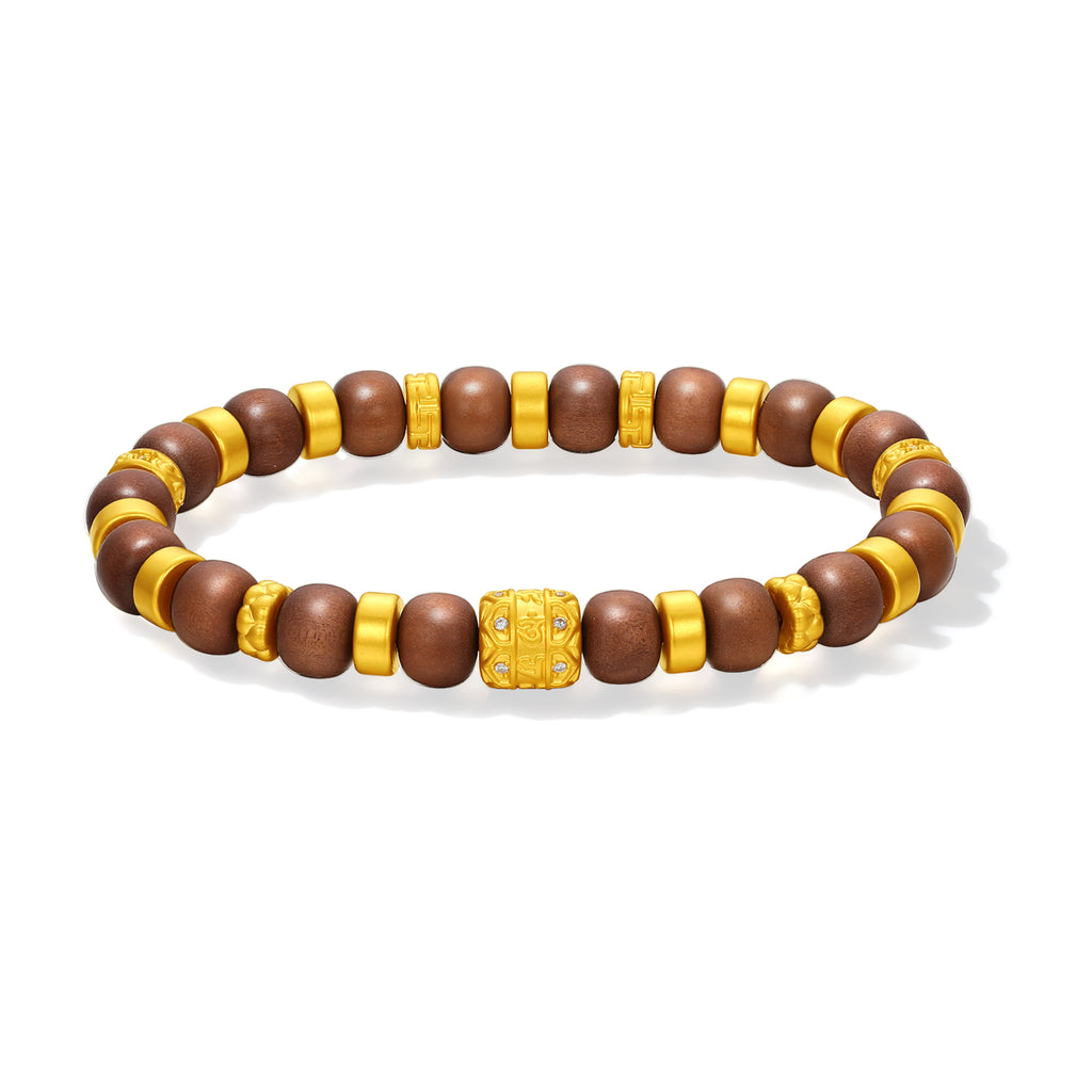 "Jiuhua Mountain" 24K Gold Sandalwood Beaded Bracelet Diamond Floral Charm W1935450