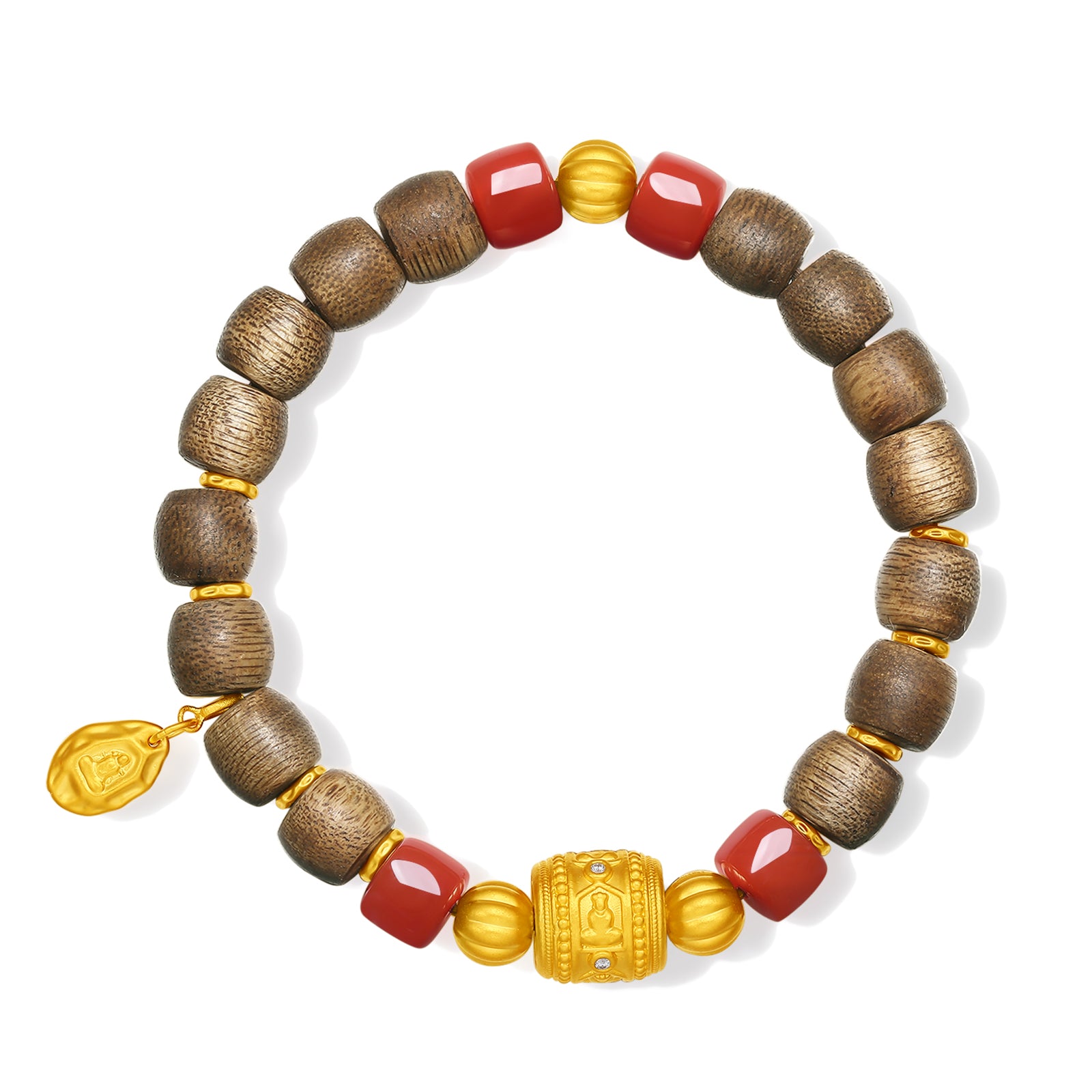 "Jiuhua Mountain" 24K Gold Beaded Bracelet Agate Chenxiang Engraved Barrel Pendant 8.5*9-7.5mm 18cm J1936223