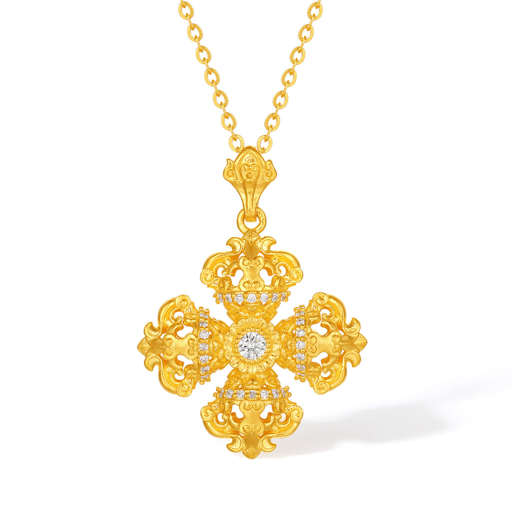 "Jiuhua Mountain" 24K Gold O Chain Necklace Diamond Four-Petaled Vajra Pendant Chain 40+5cm W0630216