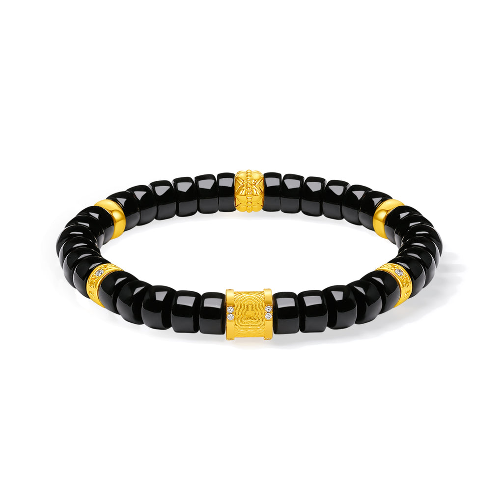 "Jiuhua Mountain" 24K Gold Beaded Bracelet Black Agate Carved Barrel 7.5-8*4-4.5mm 18cm J1937738