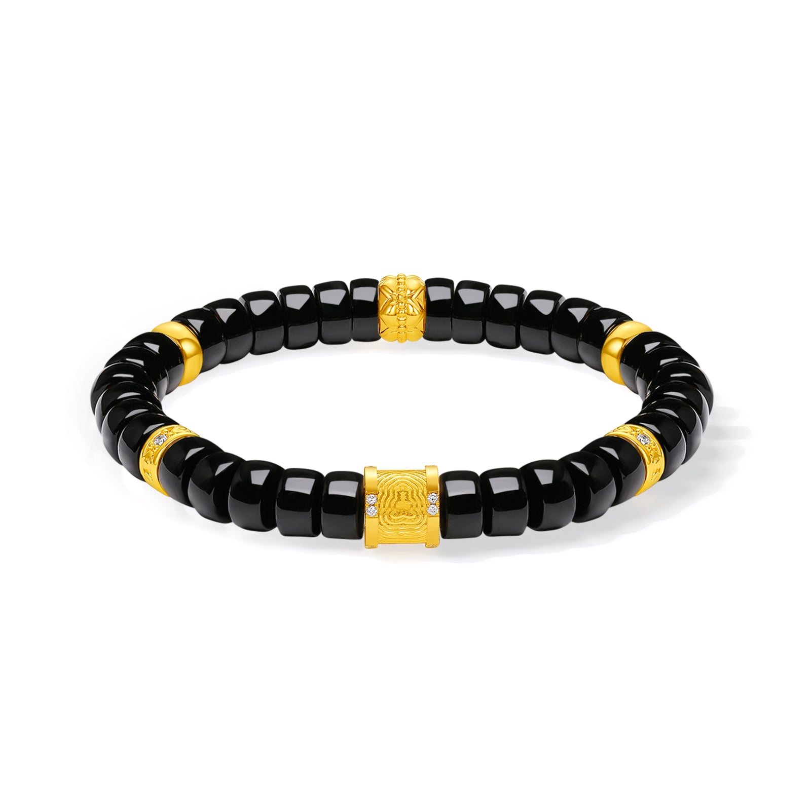 "Jiuhua Mountain" 24K Gold Beaded Bracelet Black Agate Carved Barrel 7.5-8*4-4.5mm 18cm J1937738
