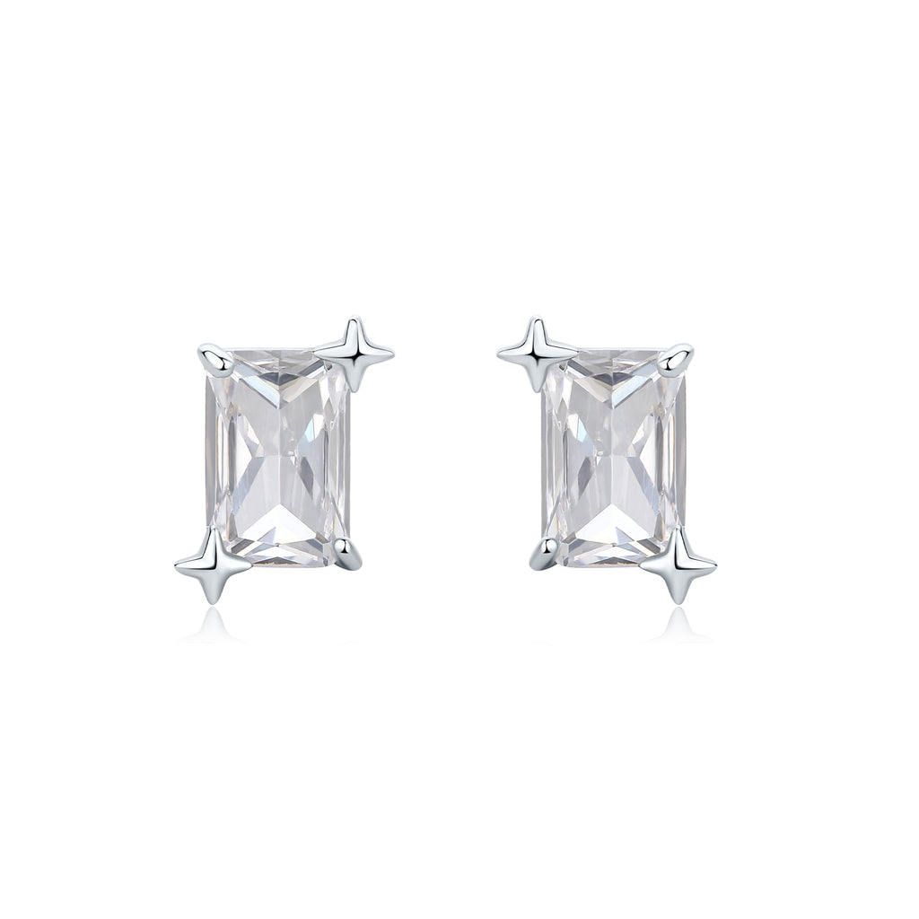 ZHOU LIU FU Rectangular Cut Cubic Zirconia Stud Earrings for Women 925 Sterling Silver 4 Prong Star Screw Back Minimalist Jewelry