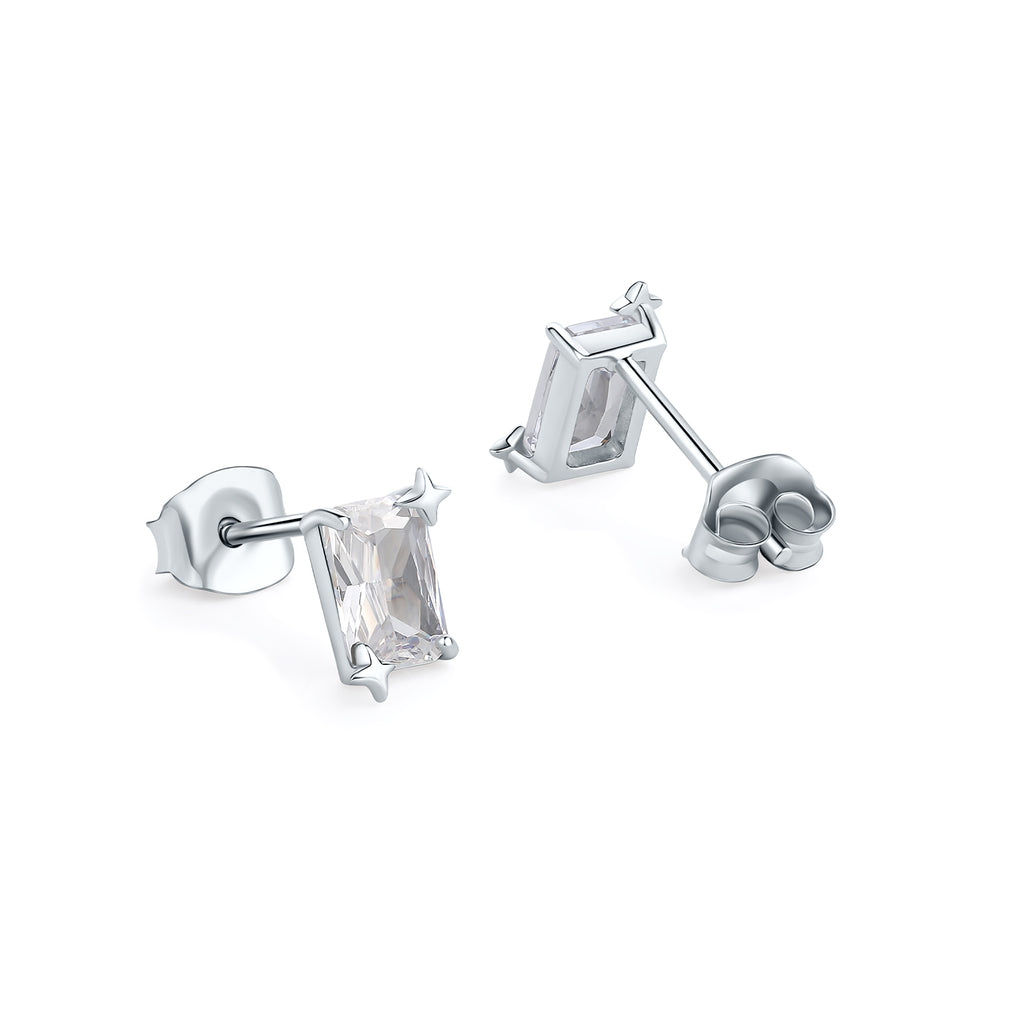ZHOU LIU FU Rectangular Cut Cubic Zirconia Stud Earrings for Women 925 Sterling Silver 4 Prong Star Screw Back Minimalist Jewelry