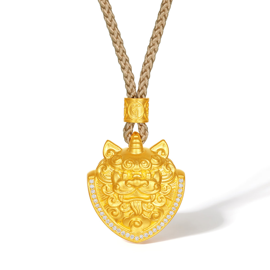 "Jiuhua Mountain" 24K Gold Diamond Mythical Beast Shield Pendant 0.003ct W0430058