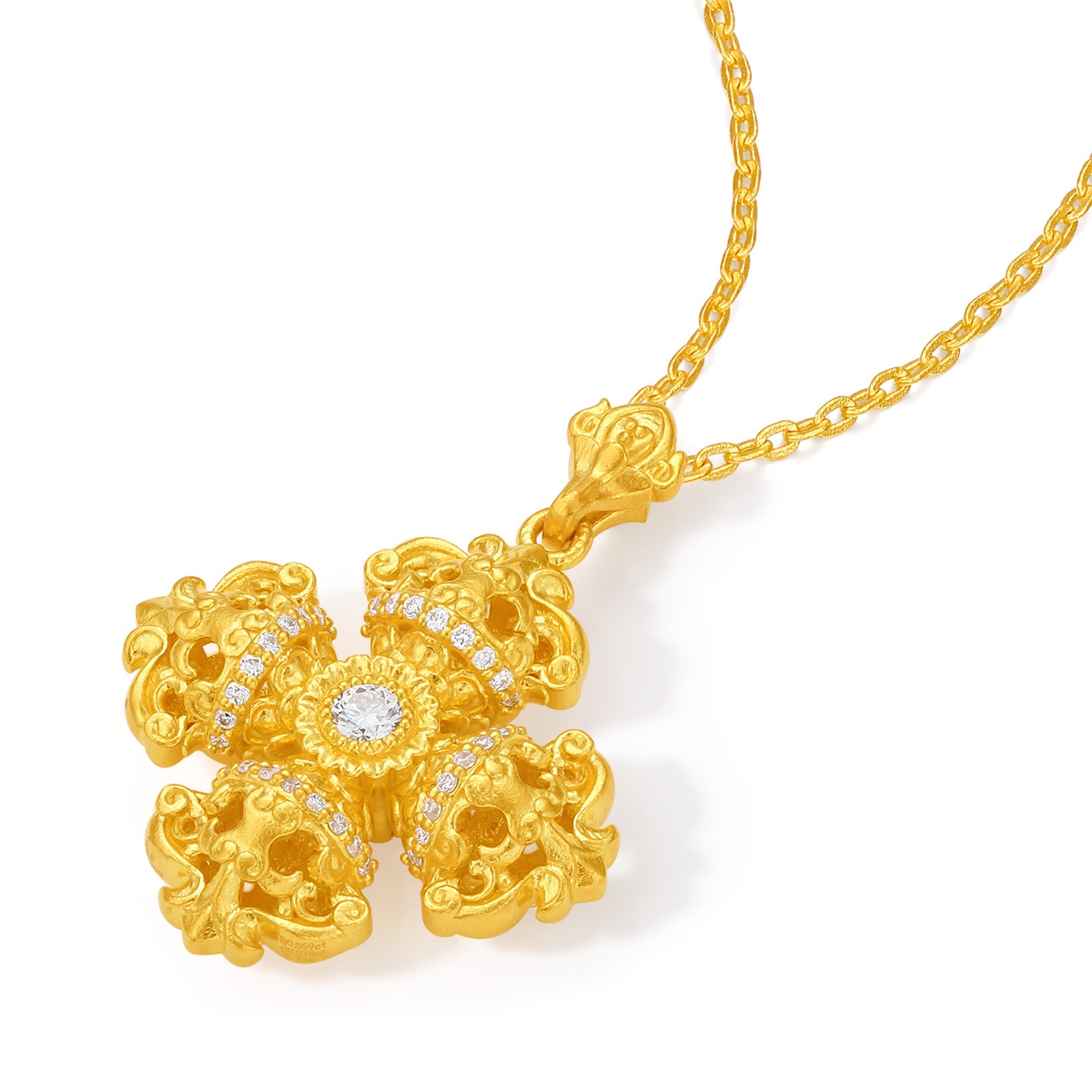"Jiuhua Mountain" 24K Gold O Chain Necklace Diamond Four-Petaled Vajra Pendant Chain 40+5cm W0630216