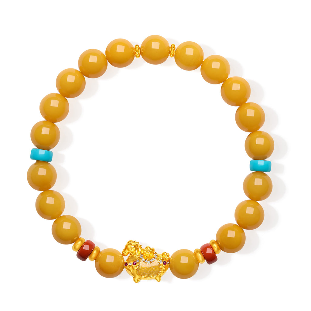 "Chinese Culture Collection - Dan Qing" 24K Gold Beaded Bracelet Amber 8-8.5mm Diamond 0.0025ct Agate 5.8-6.3*3.5-4mm Horse 1.1-1.6g J1937265