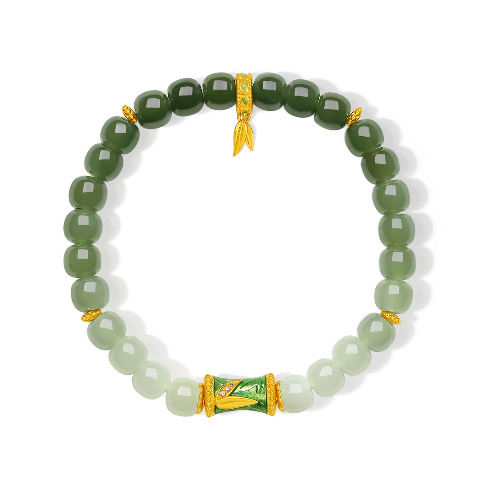 "Chinese Culture Collection - Dan Qing" 24K Gold Beaded Bracelet Hetian Jade 6.5-7*5.8-6.3mm Diamond 0.0033ct   Bamboo 1.9-2.9g Y1937744