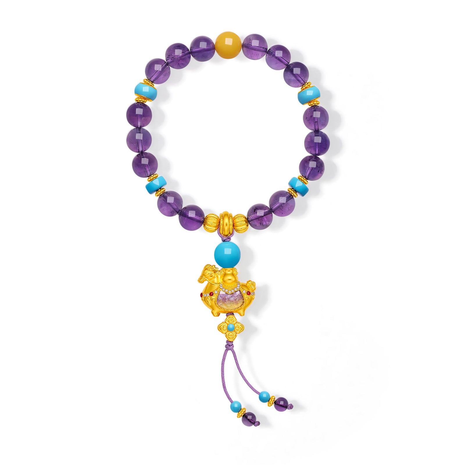 "Chinese Culture Collection - Dan Qing" 24K Gold Beaded Bracelet Braided Rope Amethyst 8-8.5mm Diamond 0.0031ct Amber 4-5mm Horse 5.4-6.8g J1937293