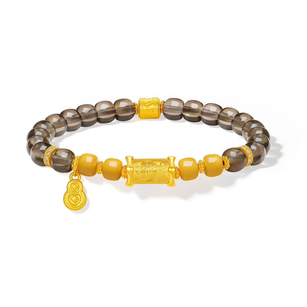 "Chinese Culture Collection - Dan Qing" 999 24K Gold Beaded Bracelet Crystal 6-6.5*7-7.5mm Diamond 0.0073ct Amber Gourd 6.5-9.5g J1950061