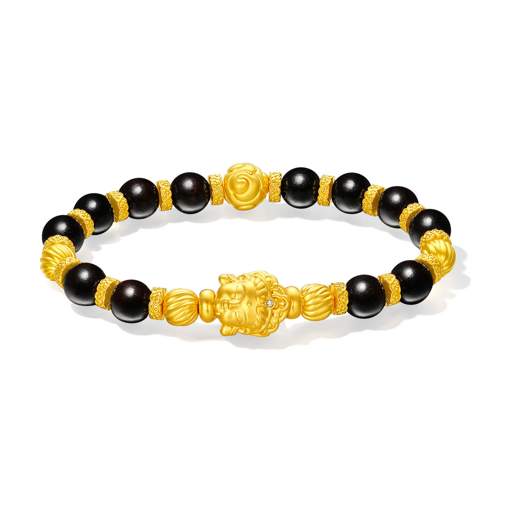 "Jiuhua Mountain" 24K Gold Small Leaf Red Sandalwood Beaded Bracelet Diamond Buddha Charm W1929456
