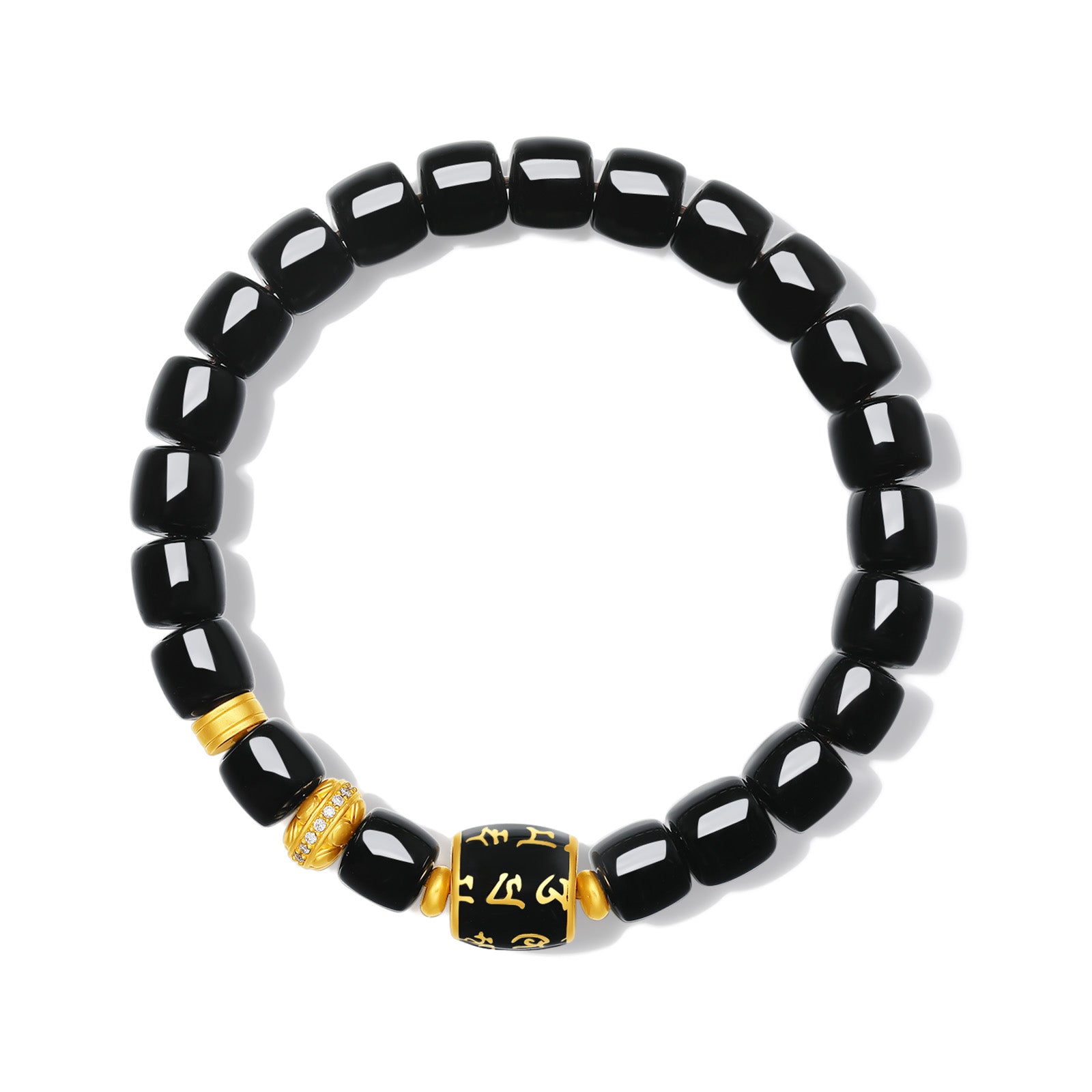 "Jiuhua Mountain" 24K Gold Beaded Bracelet Black Agate Engraved Barrel 8.5*7.5mm 18cm J1939467