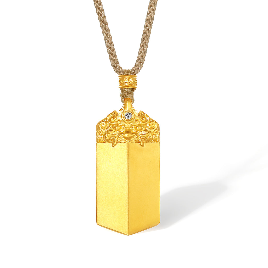 "Jiuhua Mountain" 24K Gold Diamond Mythical Beast Rectangle Seal Pendant 0.025ct W0440433
